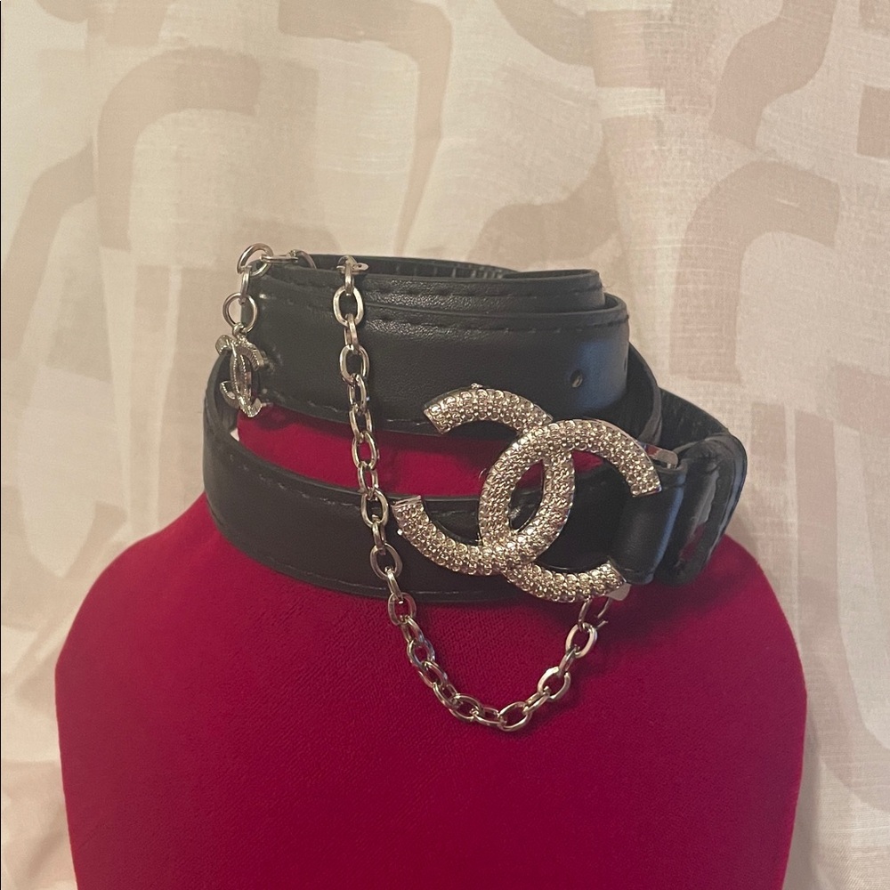 CC LIKE Black Leather Belt with Crystal CC Buckle and Silver Chain